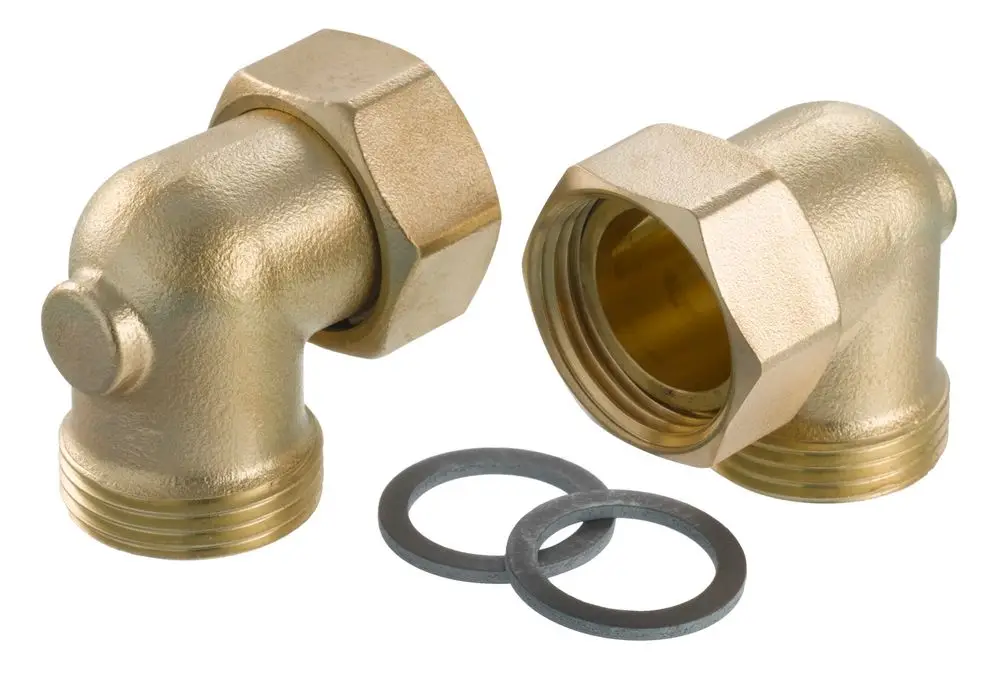 Zwei messingfarbene Winkelarmaturen mit Schraubanschluss und Dichtungsringen, geeignet für verschiedene Installationen. Hersteller: Danfoss.